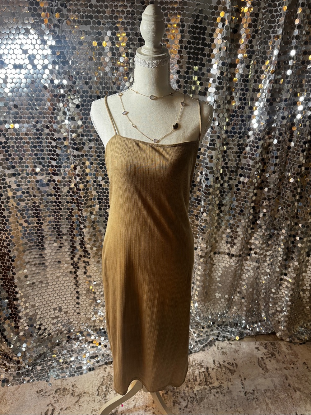 Forever 21 Metallic Gold Slip Midi Dress with Spaghetti Straps